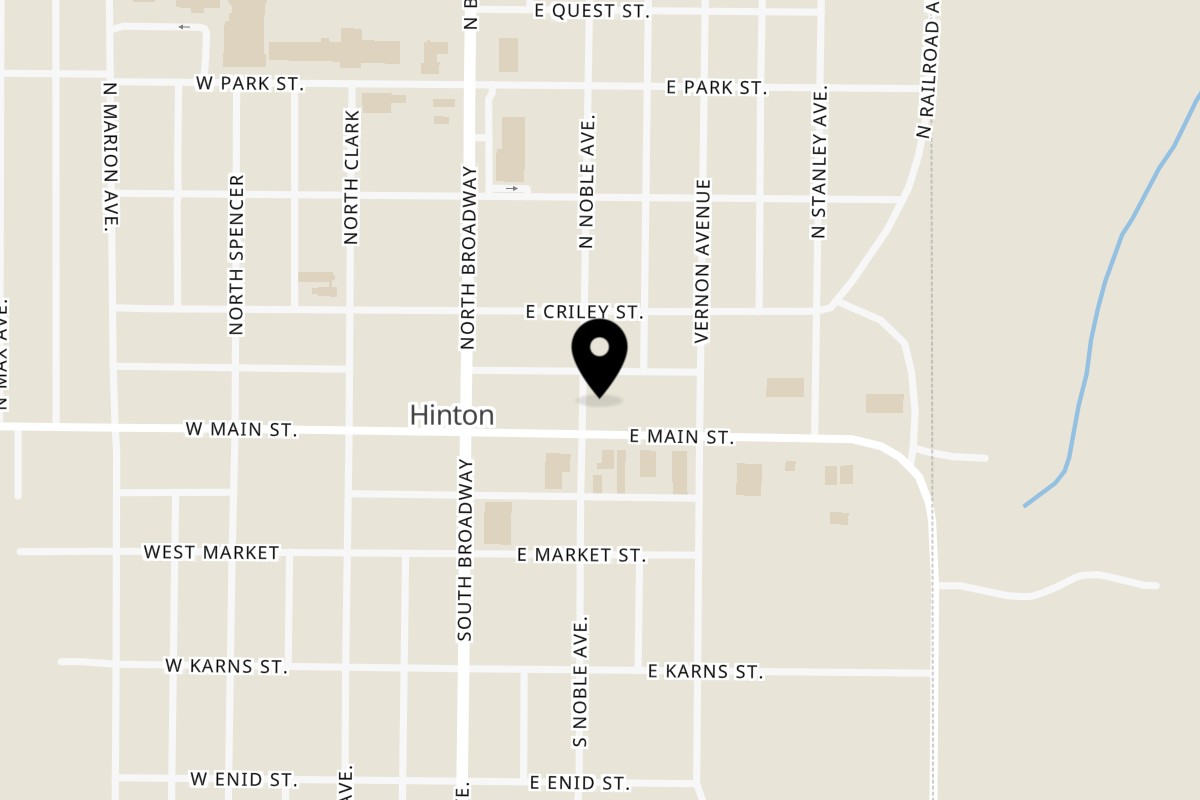 Map showing the location of Pecina's Mexican Cafe Hinton on 200 E Main St in Hinton